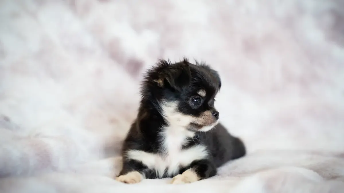 A small tan Chihuahua puppy sitting on a stainless steel exam table