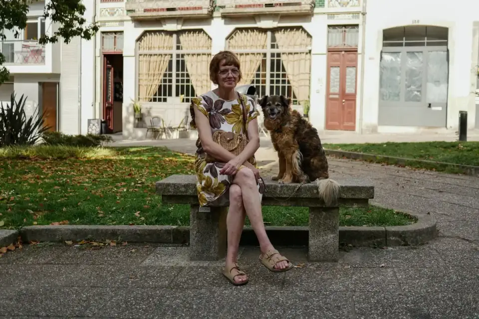 Older dog with an owner in a park